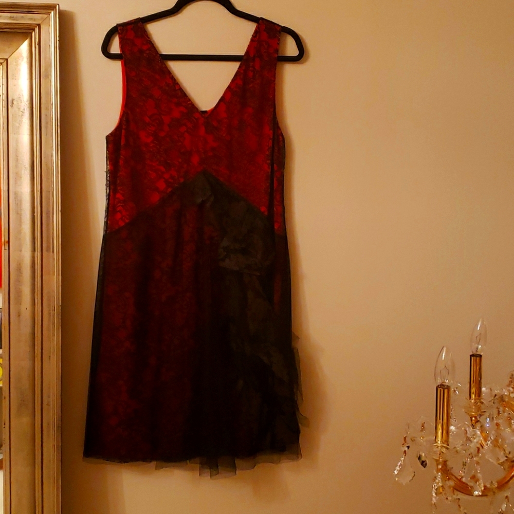 Vera Wang Red Dress with Black Lace Overlay